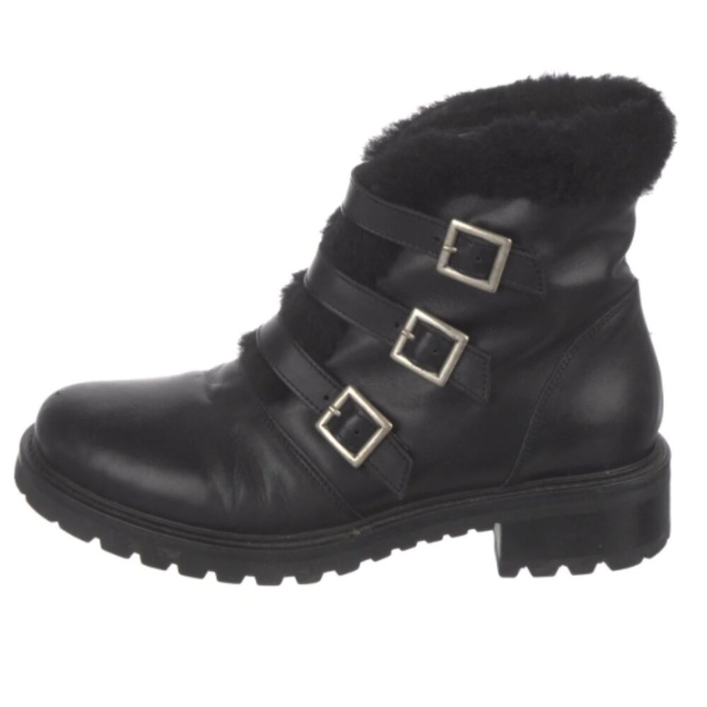 Barney's New York Black Leather‎ and Shearling Lug Sole Buckle Boots Size 6.5